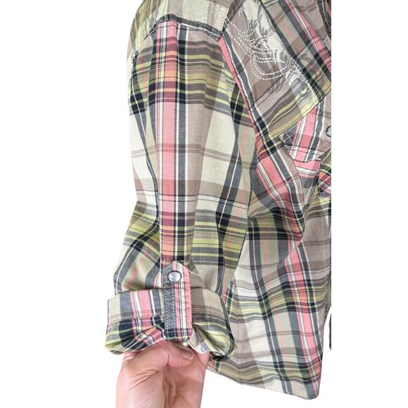 Harley-Davidson Plaid Half Sleeve Zip Up Shirt Women's XL Embroidered Logos Tan - Picture 3 of 10